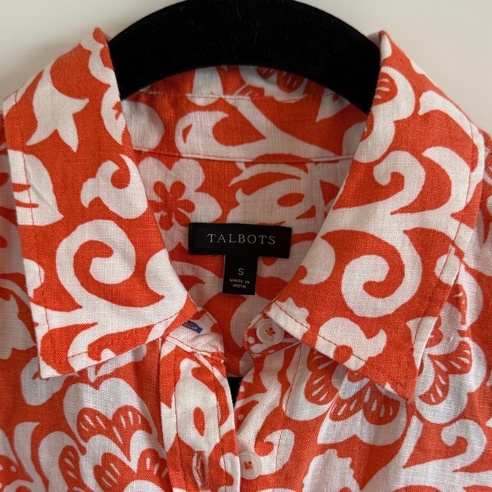 100% Linen Talbots Orange and White Floral Button-Up Shirt Size Small - Picture 3 of 7